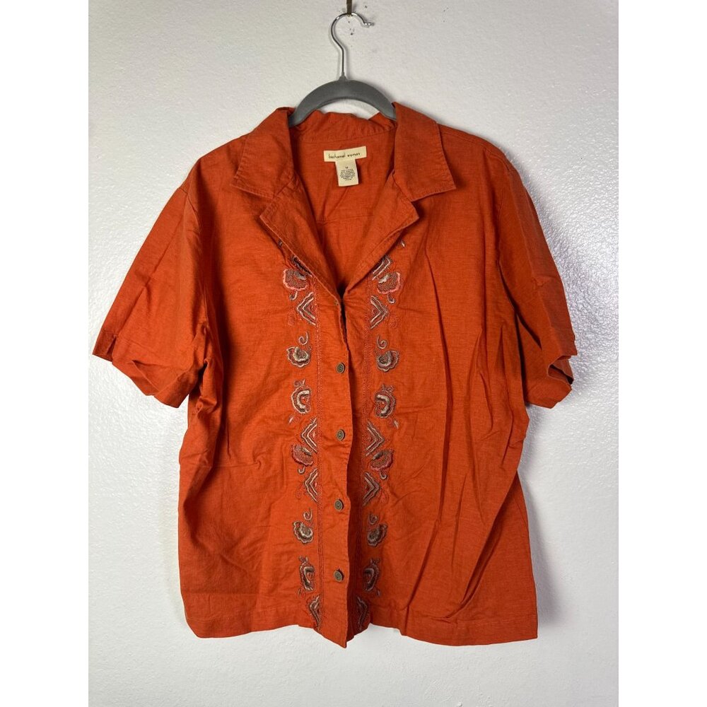 Bechamel Woman Linen Blend Embroidered Burnt Orange Button Up Shirt Plus Size 1X